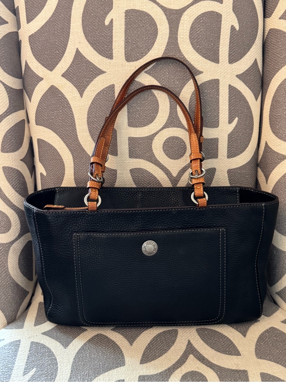 Coach Chelsea Black Pebbled Leather Shoulder Bag with Brown Handles